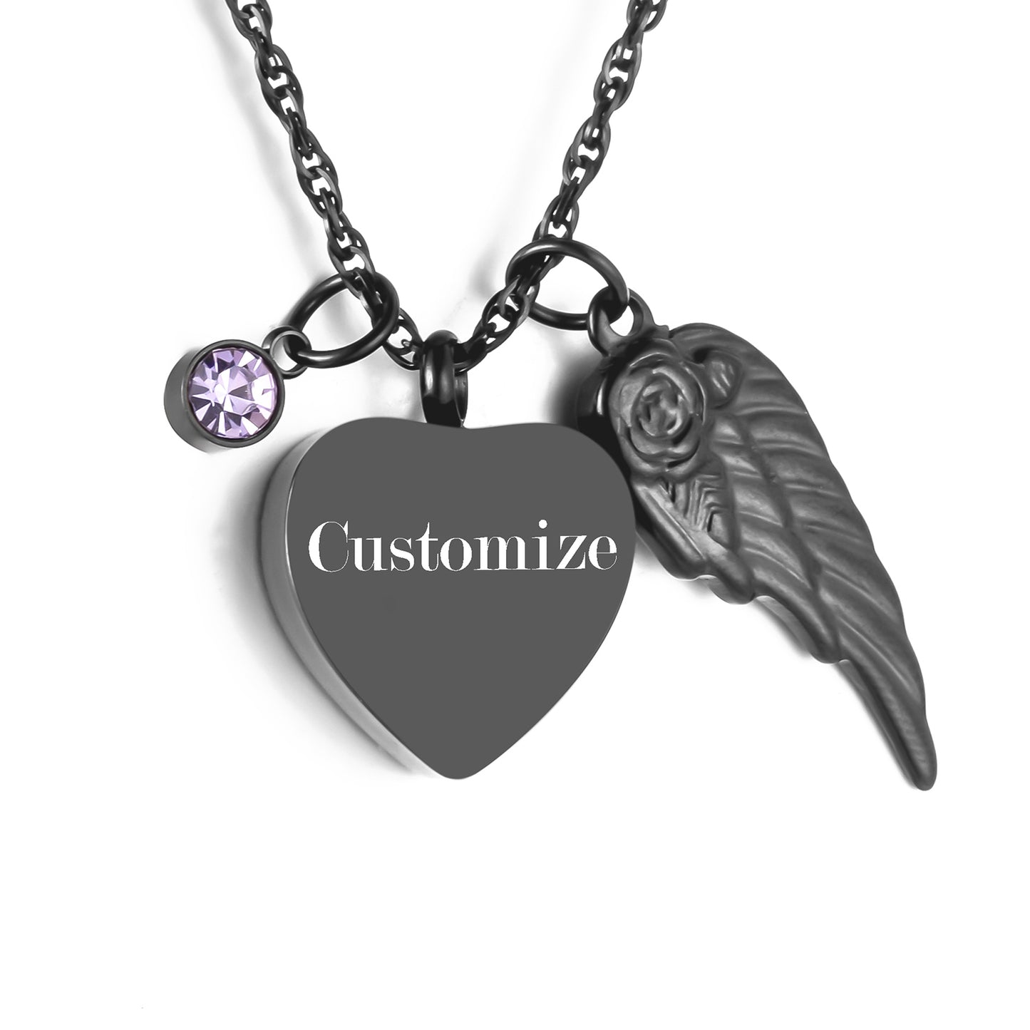 Memorial Urn Necklace: Dark Romantic Tribute with Heart, Angel Wing and Crystal