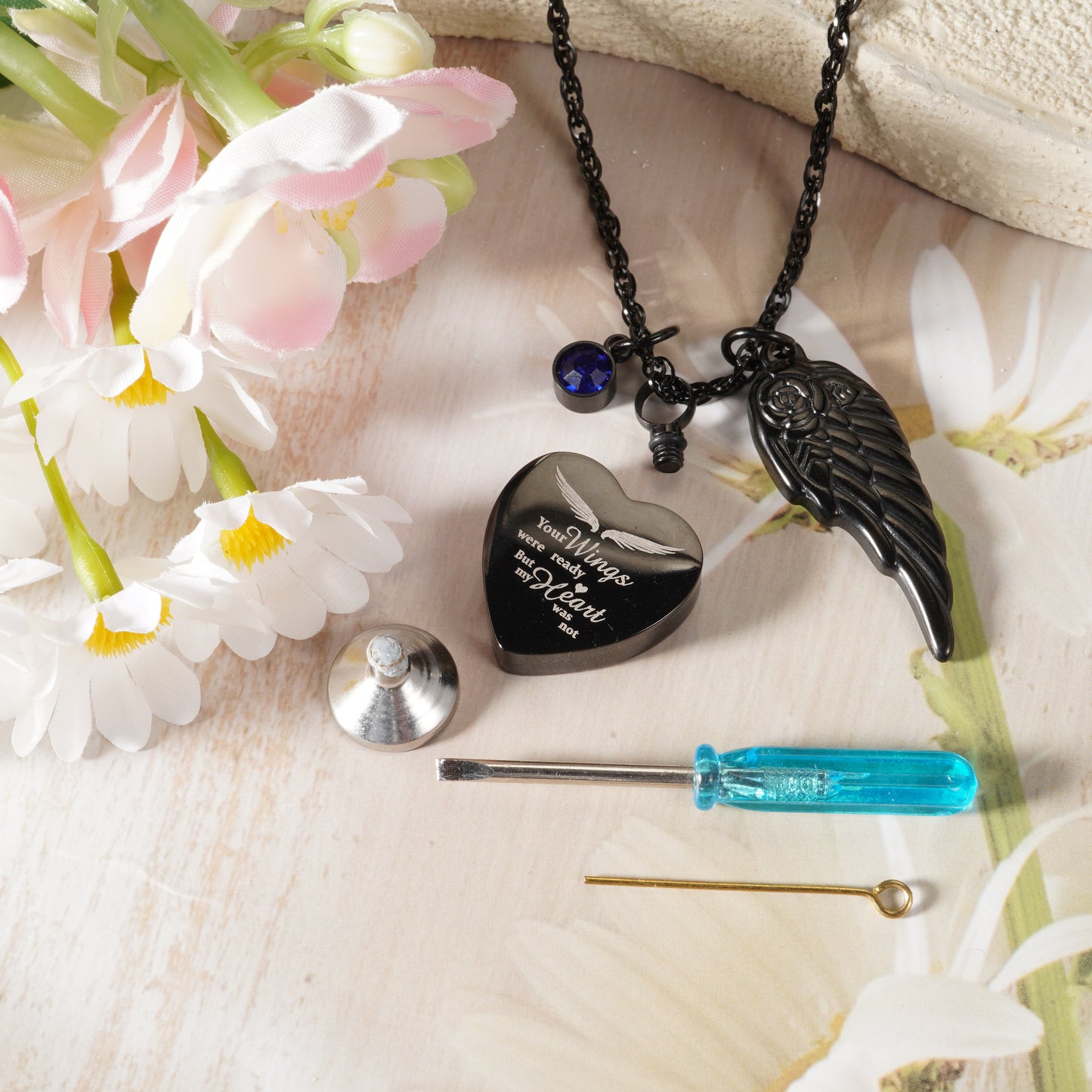 Black Heart Memorial Urn Pendant with ‘Your Wings’ Message & Angel Wing Accent