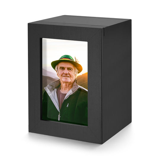 Small Wood Urn with Photo Frame, Black