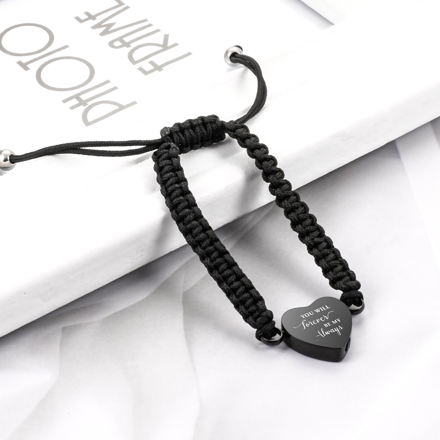 Black Rope Heart Cremation Bracelet