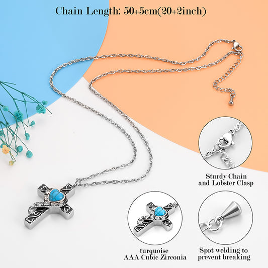 Unique Cross and Blue Turquoise Cremation Necklace