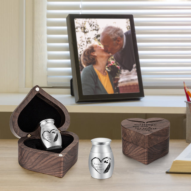 Stainless Steel 1.18in Mini Urn with Wood Heart Box for Ashes Keepsake