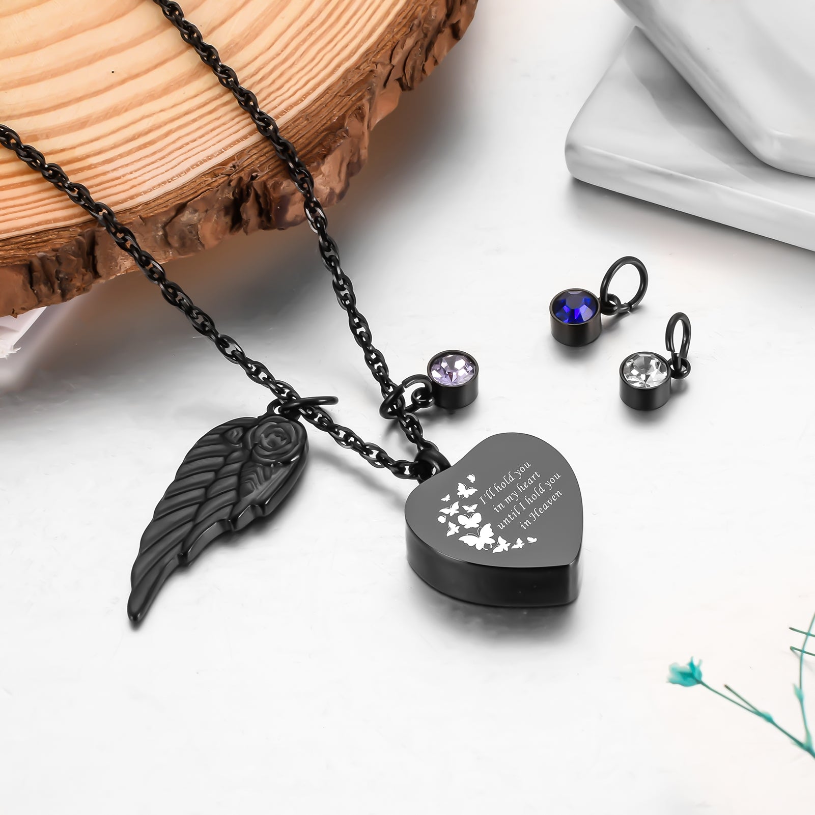 Memorial Urn Necklace: Dark Romantic Tribute with Heart, Angel Wing and Crystal