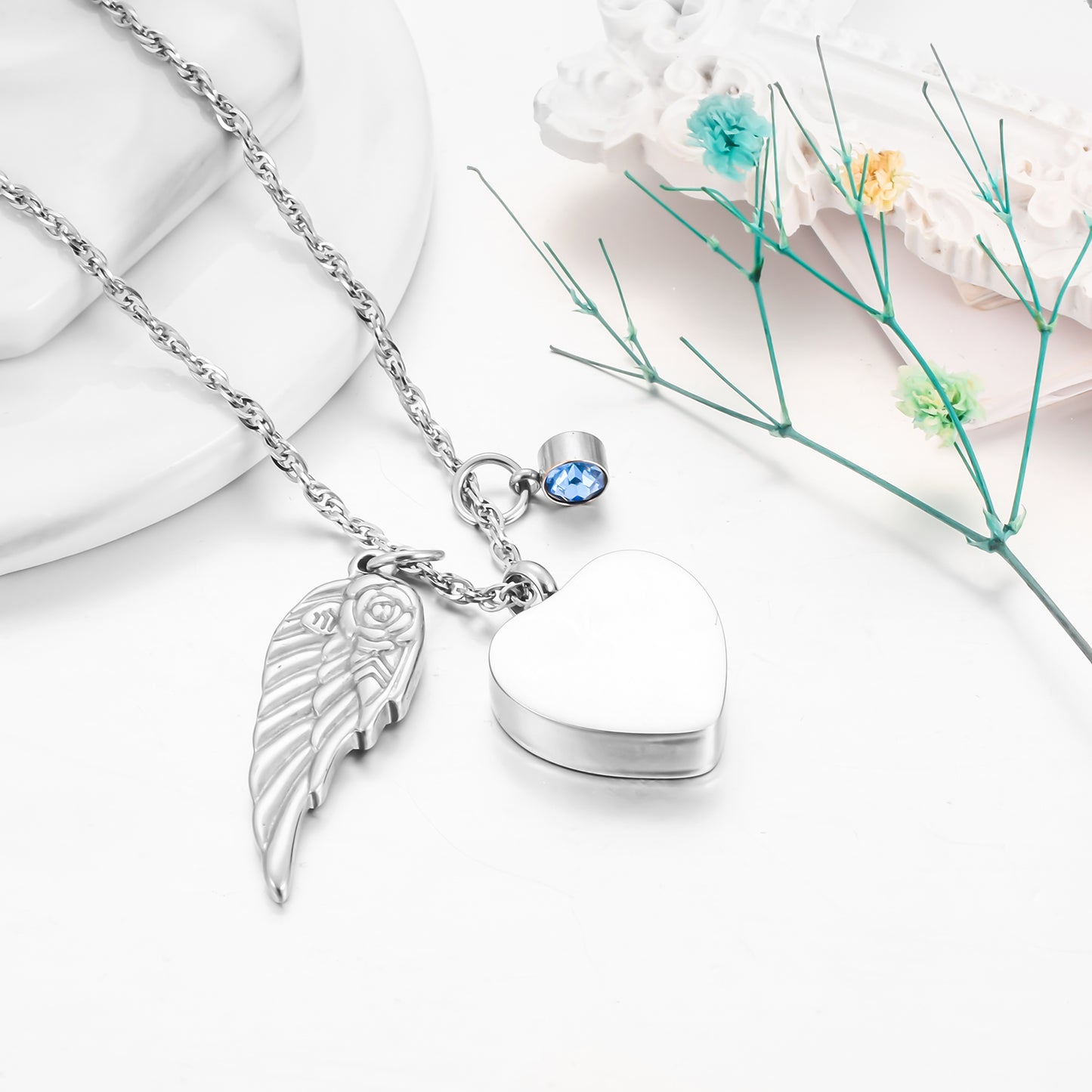 Memorial Necklace: Engraved Heart with Wing & Birthstone