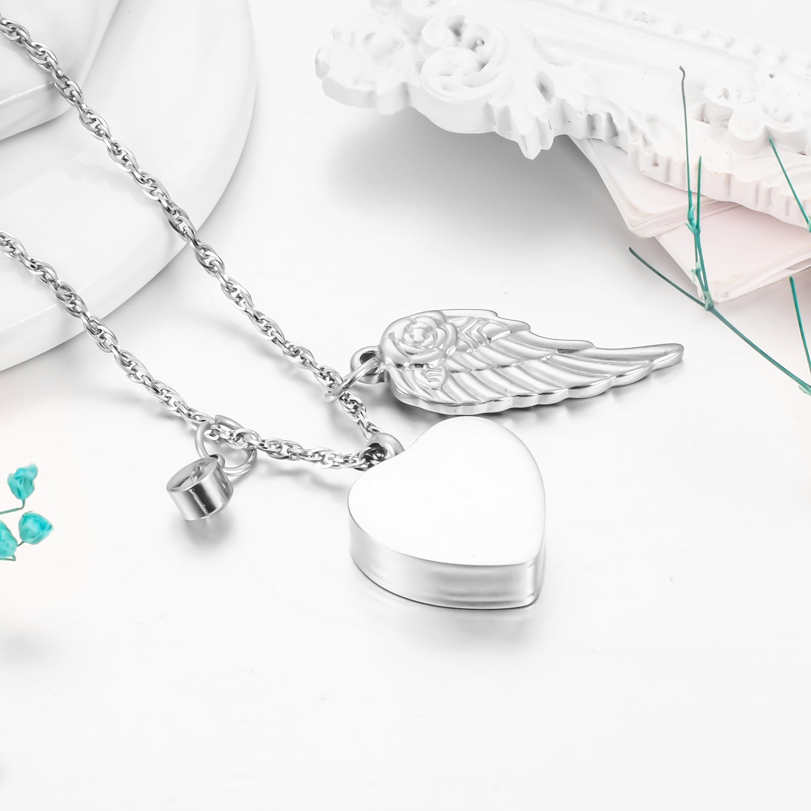 Heart Shaped Memorial Urn Necklace with Angel Wing & Butterfly