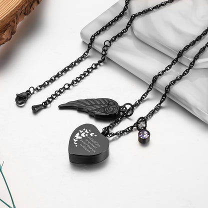 Memorial Urn Necklace: Dark Romantic Tribute with Heart, Angel Wing and Crystal
