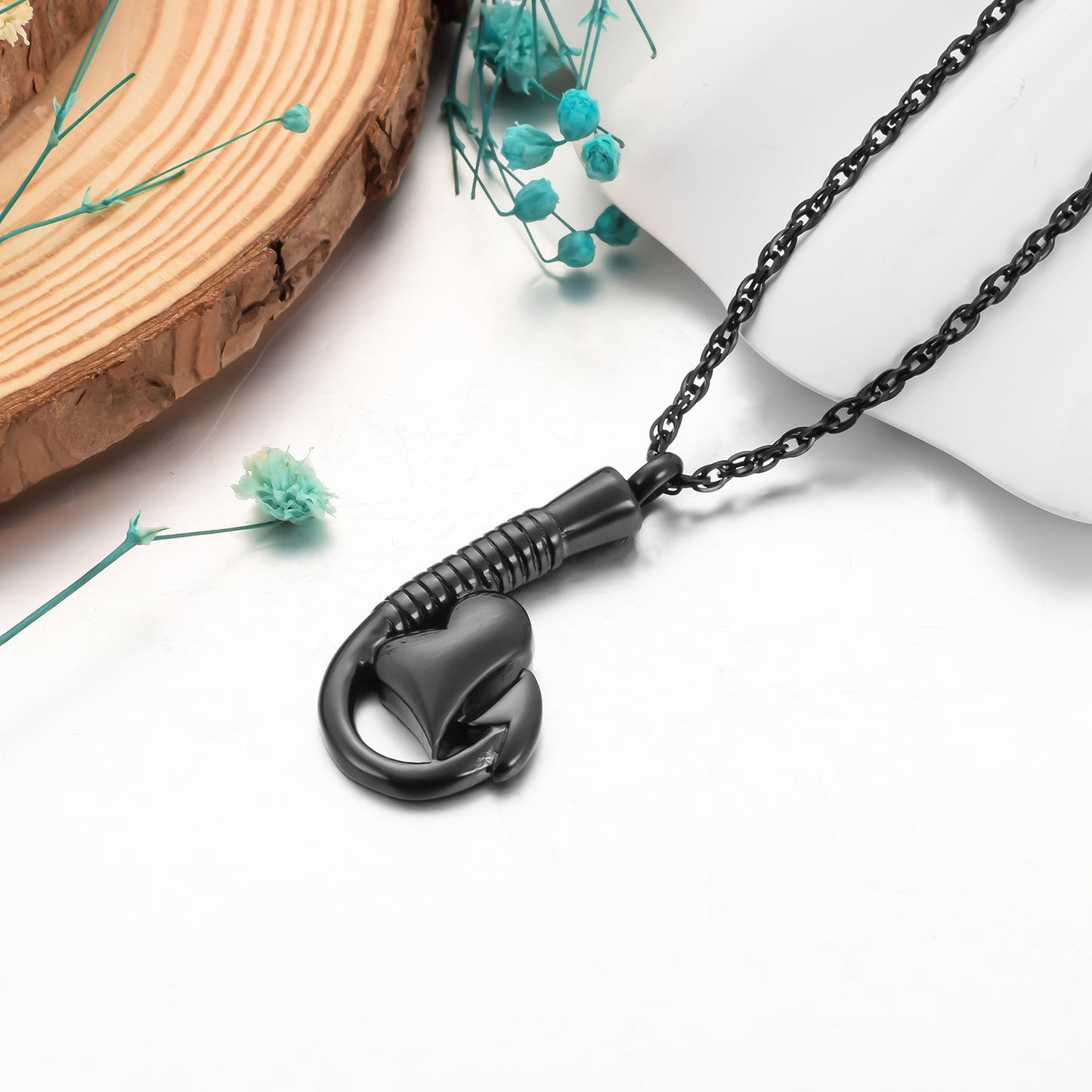 Fish Hook and Heart Cremation Necklace