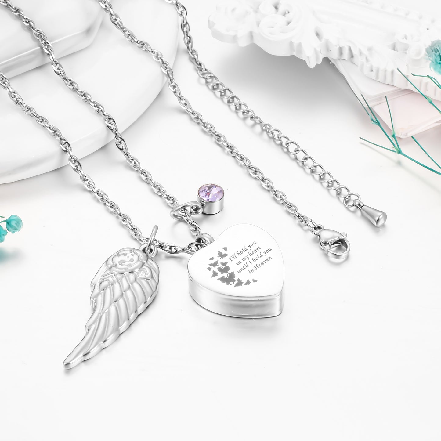 Heart Shaped Memorial Urn Necklace with Angel Wing & Butterfly