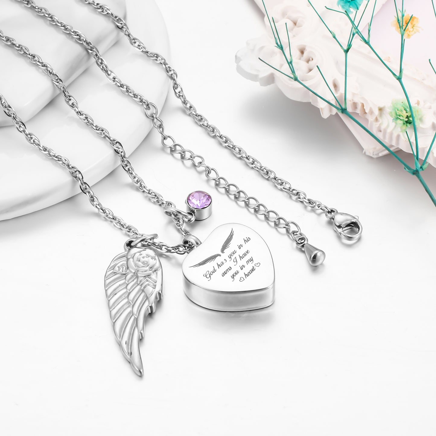 Memorial Necklace: Engraved Heart with Wing & Birthstone