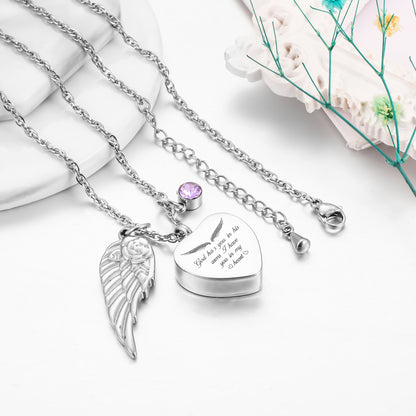 Memorial Necklace: Engraved Heart with Wing & Birthstone