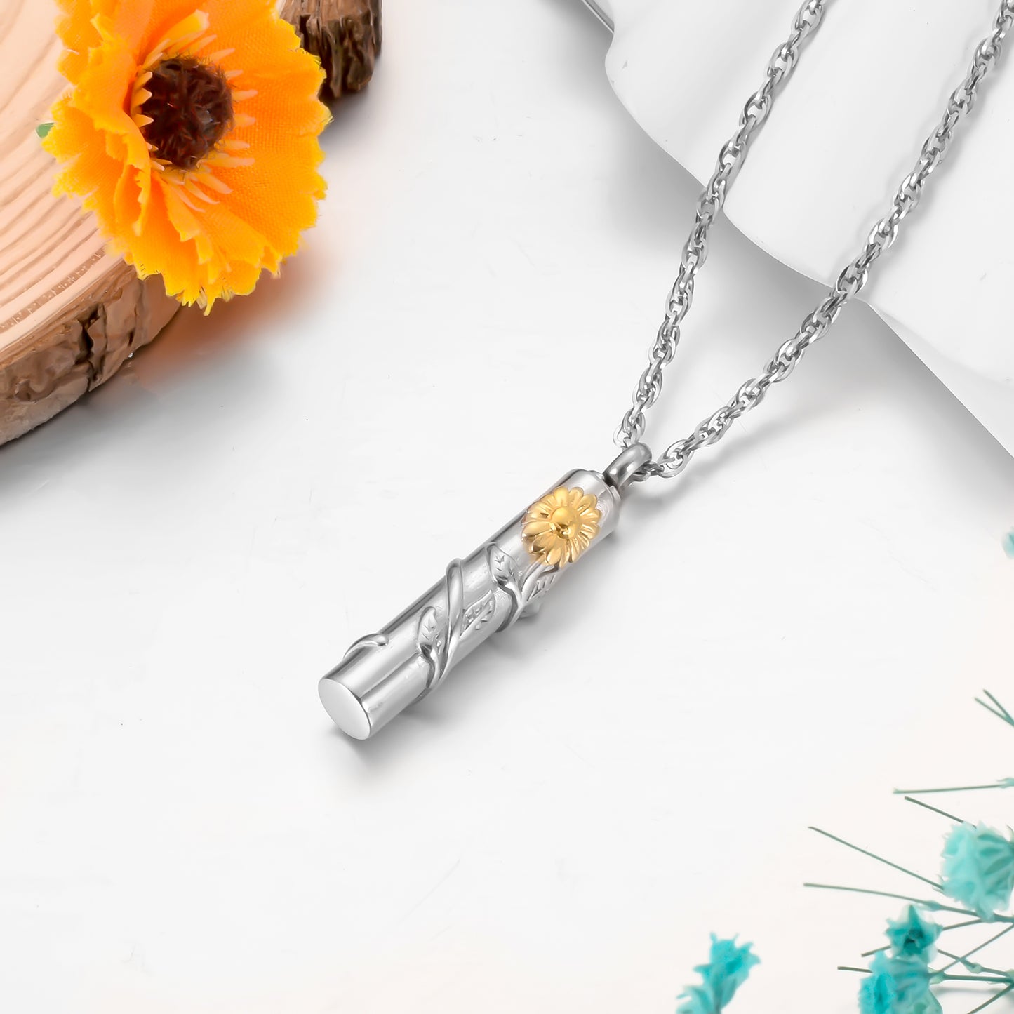Cylindrical Sunflower Cremation Pendant