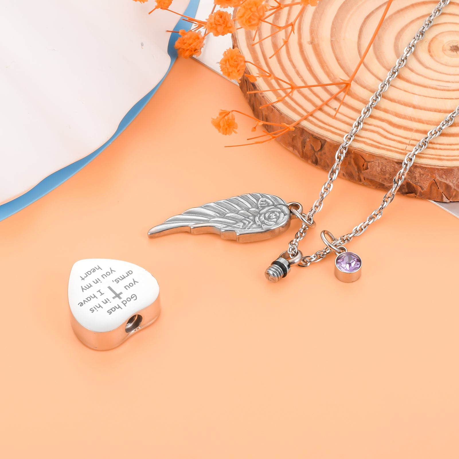 Elegant Remembrance Necklace: Wing, Crystal & Engraved Heart Design
