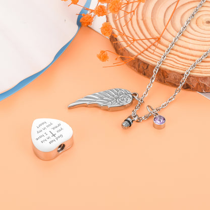 Elegant Remembrance Necklace: Wing, Crystal & Engraved Heart Design