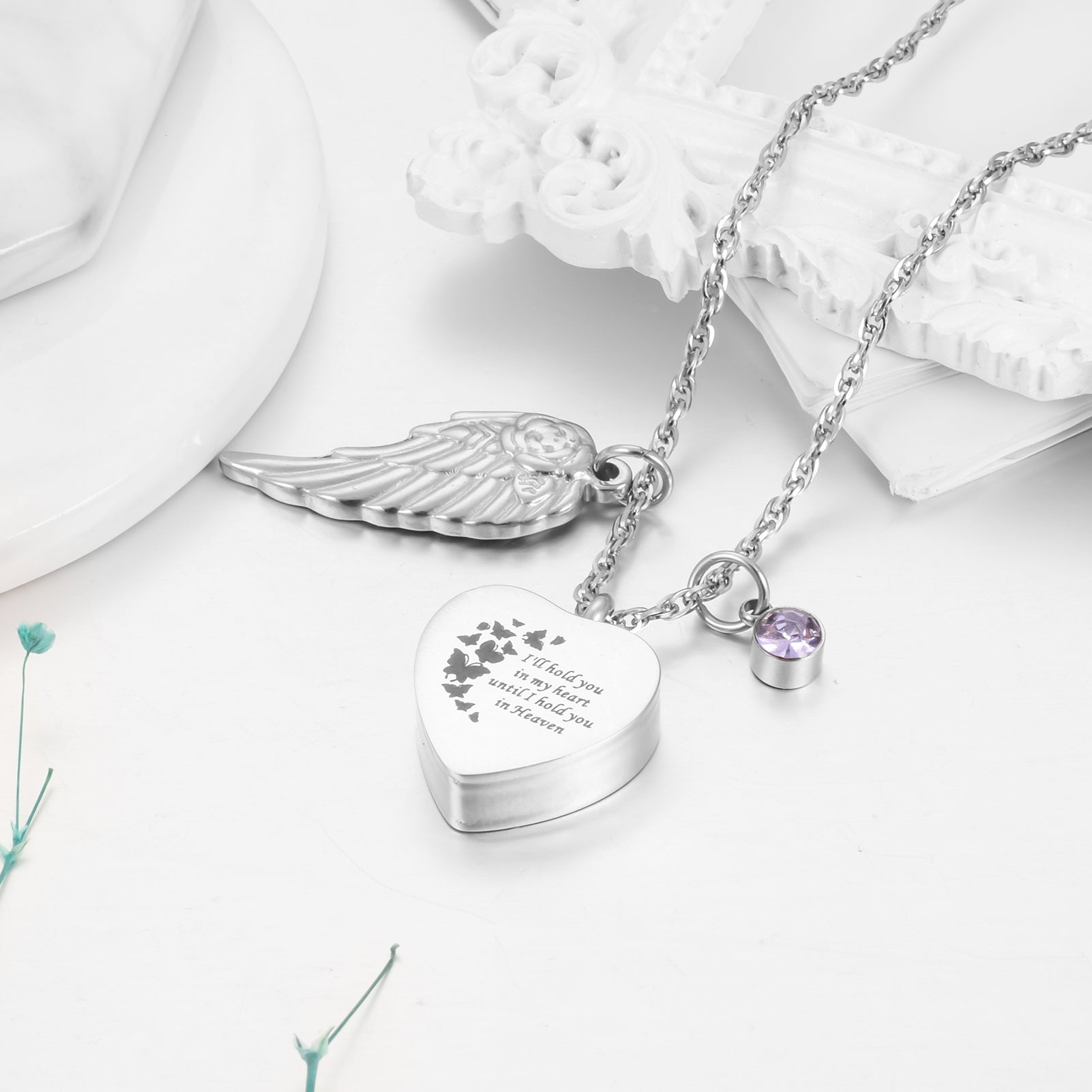 Heart Shaped Memorial Urn Necklace with Angel Wing & Butterfly
