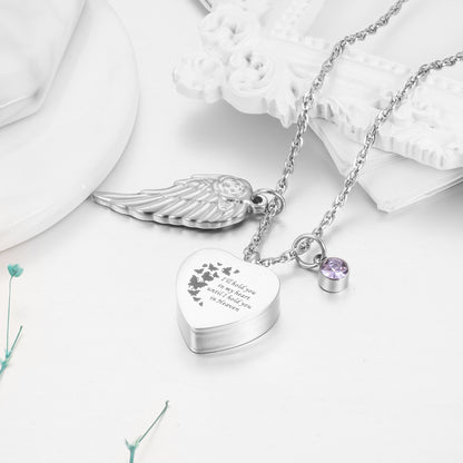 Heart Shaped Memorial Urn Necklace with Angel Wing & Butterfly