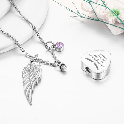 Memorial Necklace: Engraved Heart with Wing & Birthstone