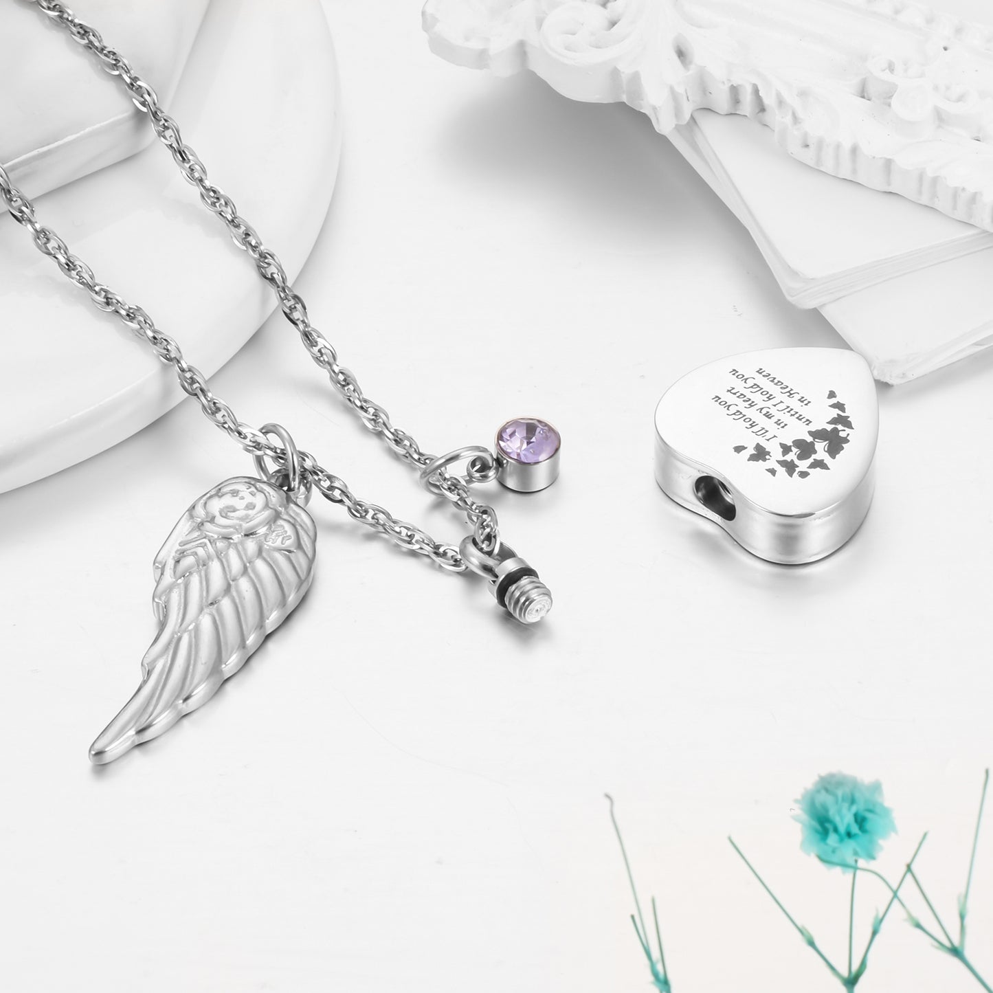 Heart Shaped Memorial Urn Necklace with Angel Wing & Butterfly