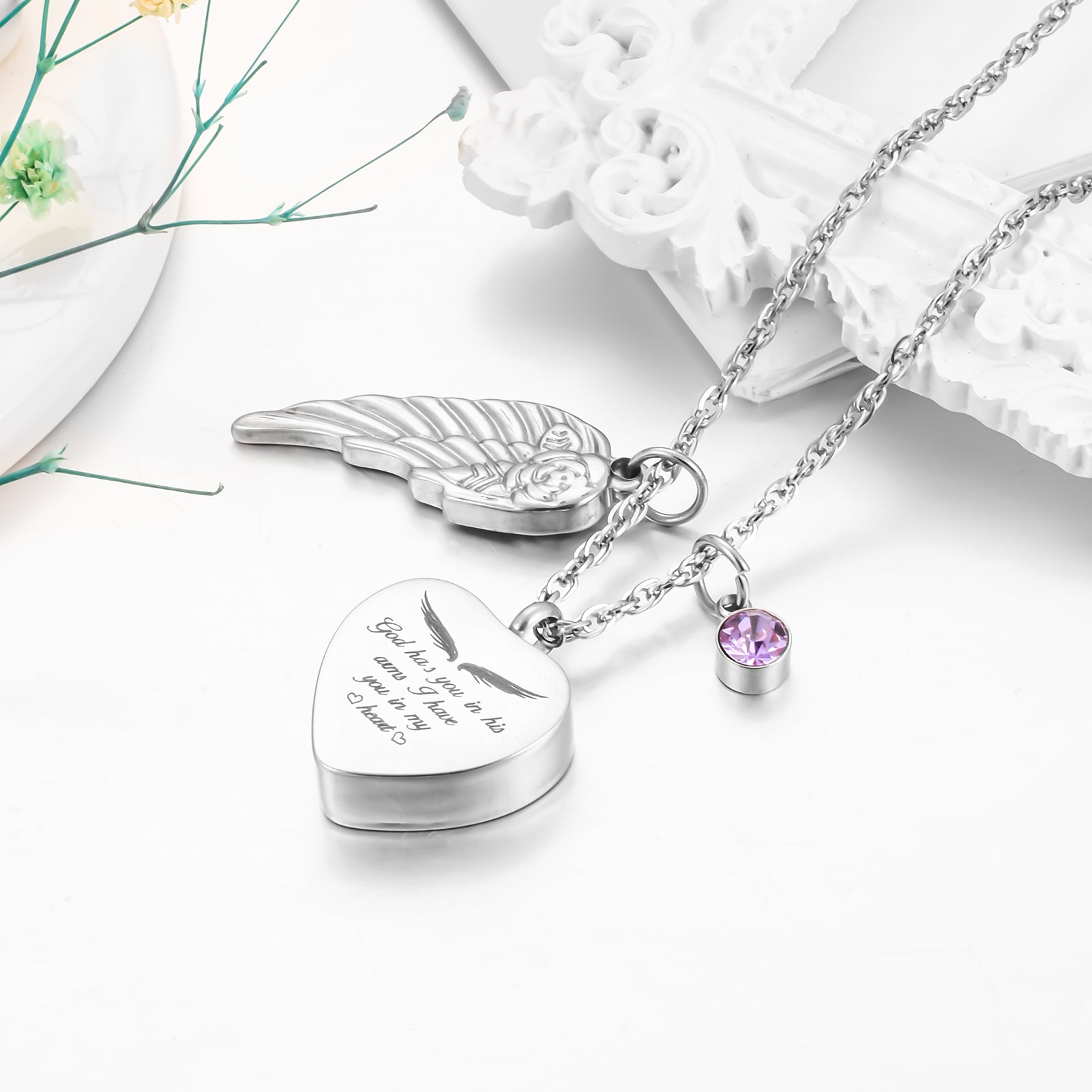 Memorial Necklace: Engraved Heart with Wing & Birthstone