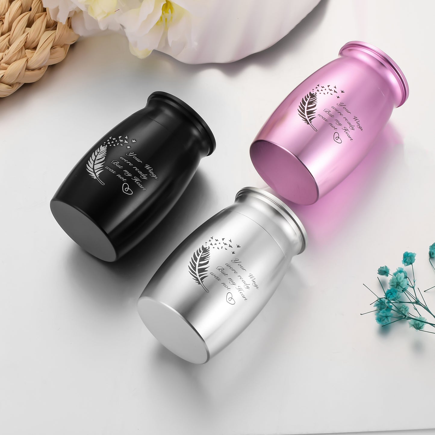 Heartfelt Memorial Urns: Engraved Feather, Birds & 'Your Wings were ready