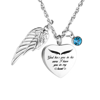 Memorial Necklace: Engraved Heart with Wing & Birthstone