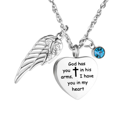 Elegant Remembrance Necklace: Wing, Crystal & Engraved Heart Design