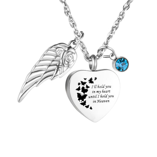 Heart Shaped Memorial Urn Necklace with Angel Wing & Butterfly