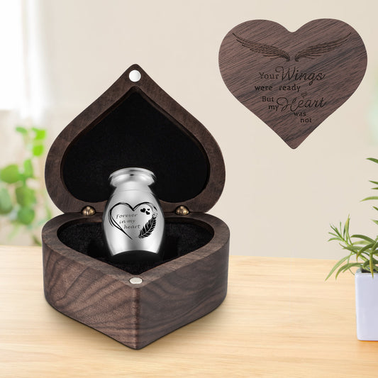 Stainless Steel 1.18in Mini Urn with Wood Heart Box for Ashes Keepsake