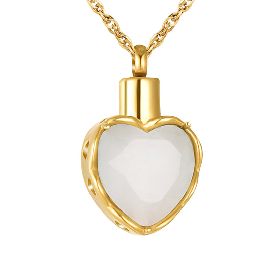 Gold heart pendant with white stone for ashes