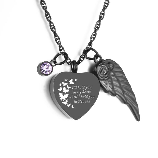 Memorial Urn Necklace: Dark Romantic Tribute with Heart, Angel Wing and Crystal