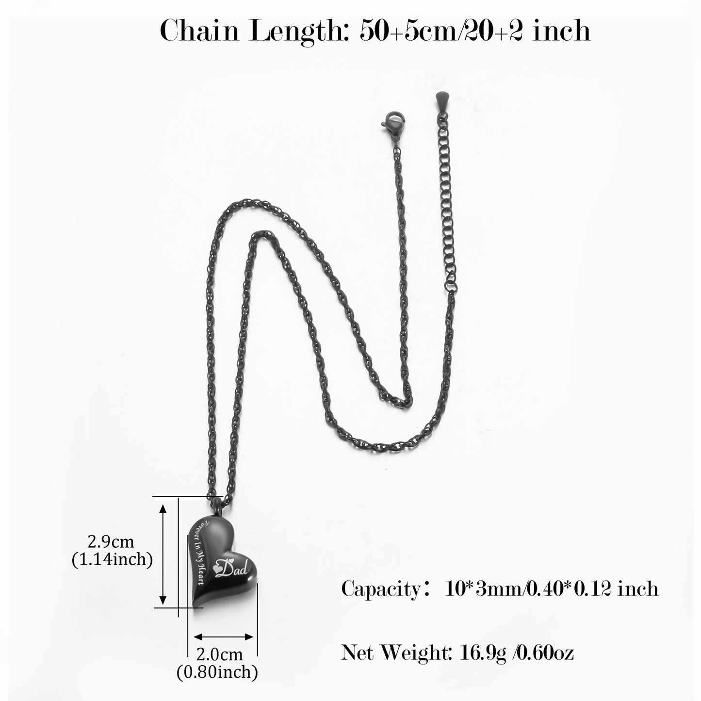 'Forever In My Heart’ Black Heart Urn Memorial Necklace for Remembering Loved Ones