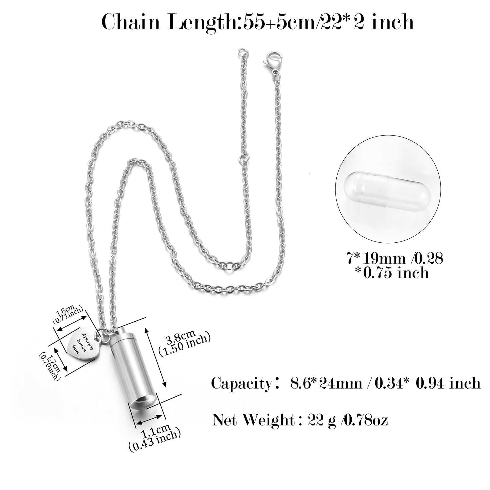 Cylindrical Memorial Keepsake Necklace: Heart Charm & Urn for Loved Ones