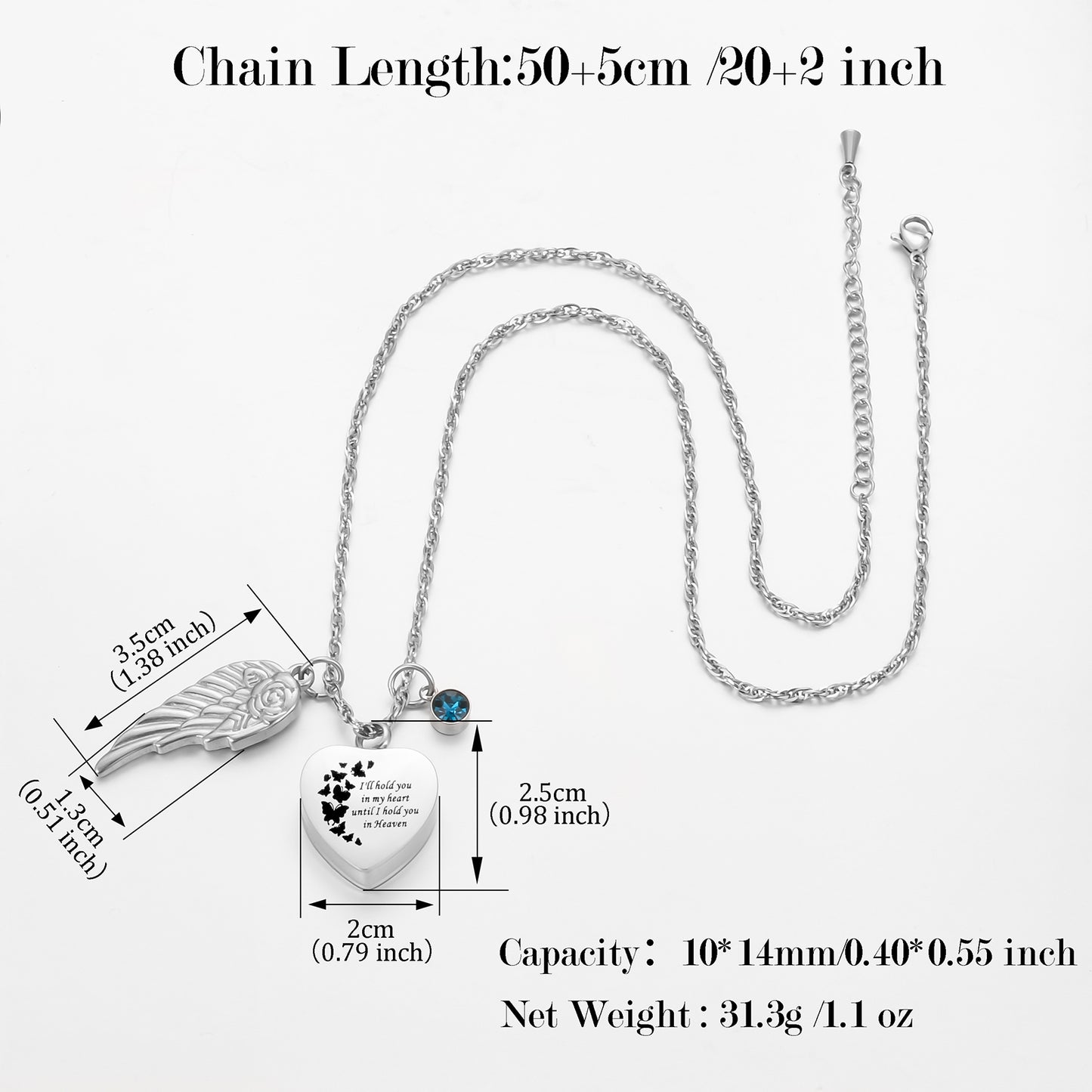 Heart Shaped Memorial Urn Necklace with Angel Wing & Butterfly