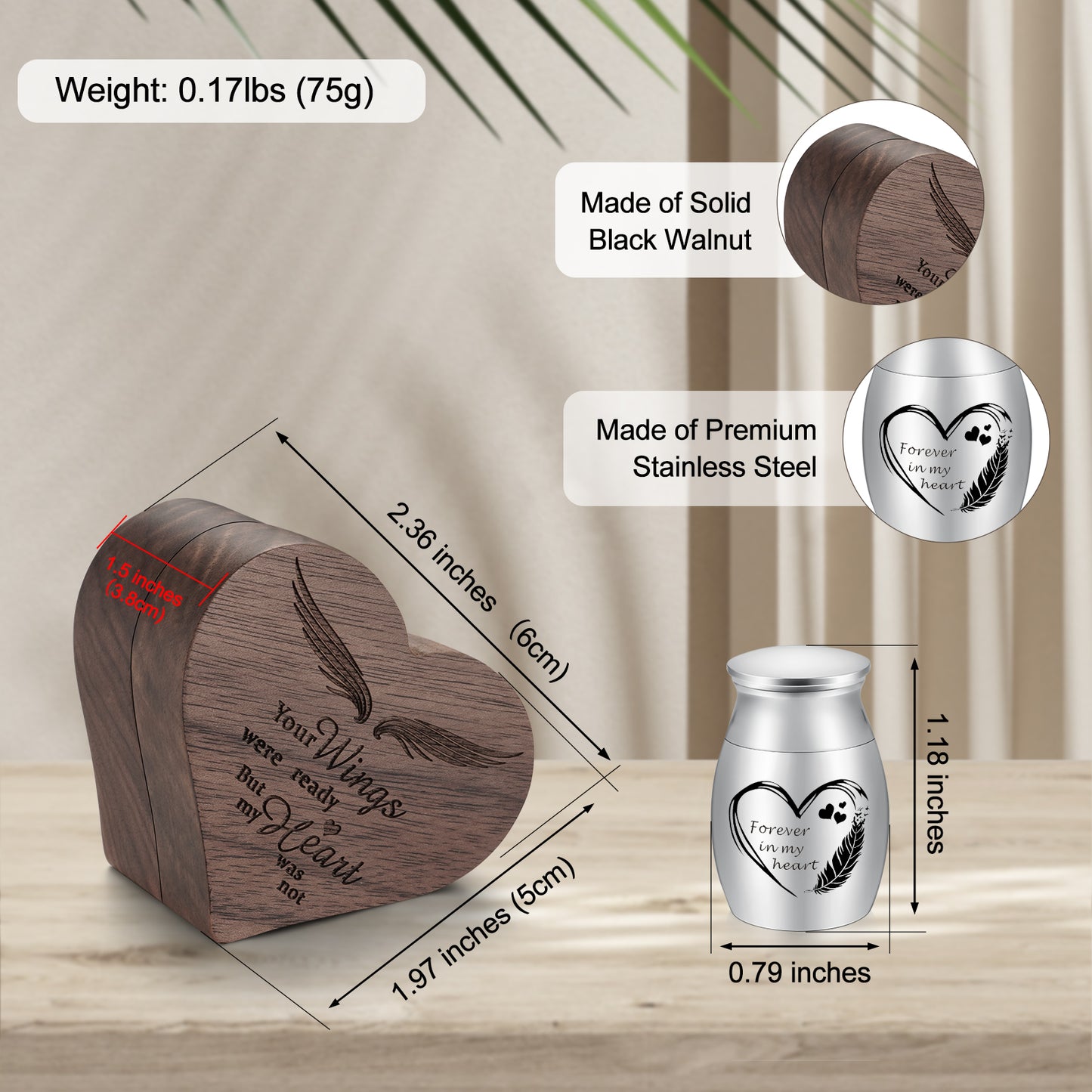 Stainless Steel 1.18in Mini Urn with Wood Heart Box for Ashes Keepsake