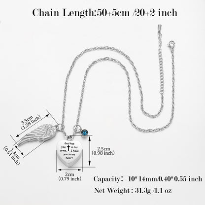 Elegant Remembrance Necklace: Wing, Crystal & Engraved Heart Design