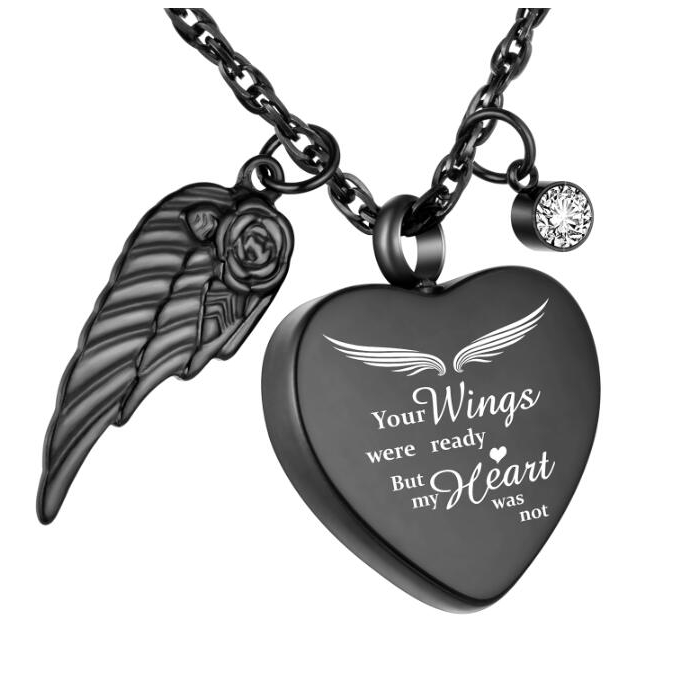 Black Heart Memorial Urn Pendant with ‘Your Wings’ Message & Angel Wing Accent