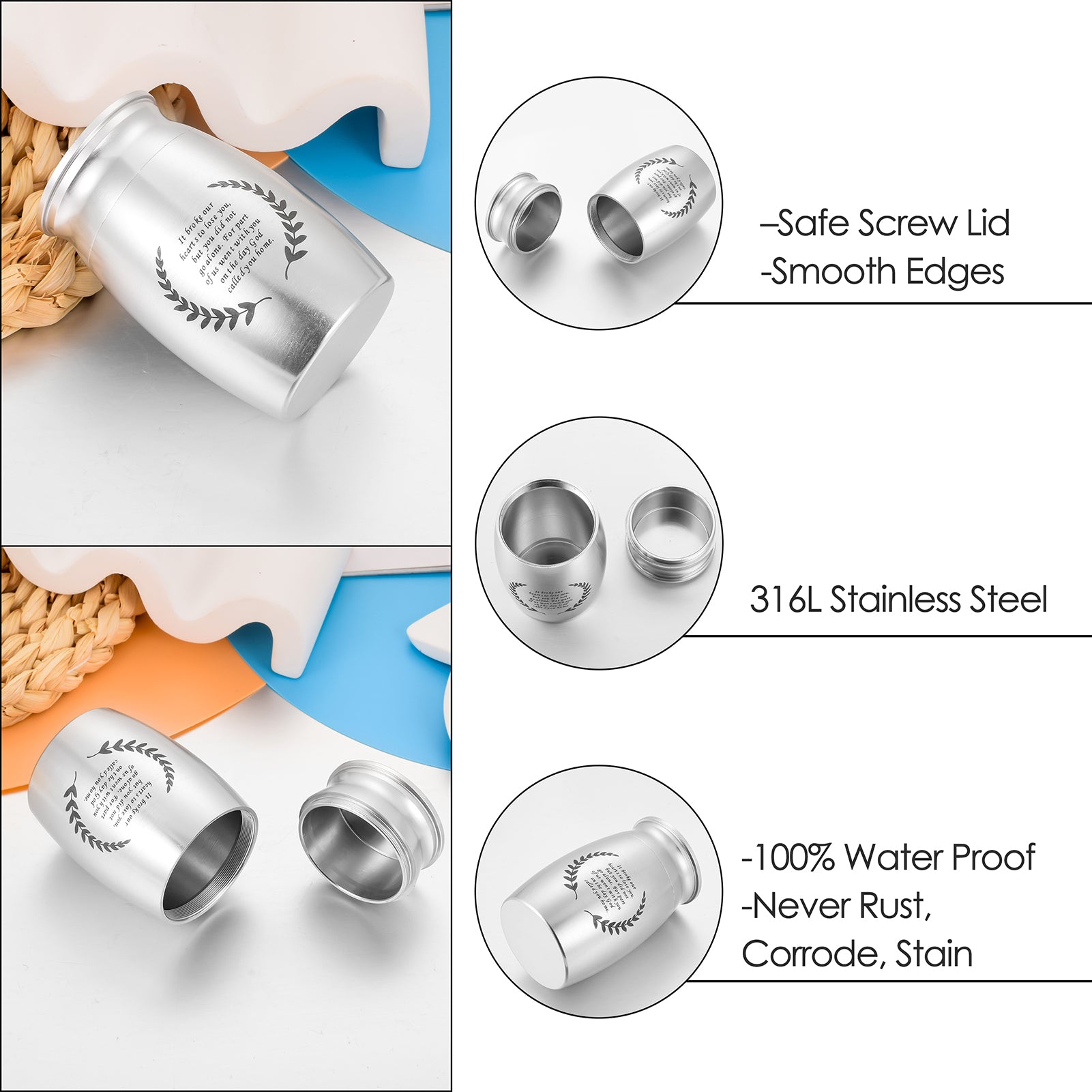 Aluminum Memorial Urns with Engraved Laurel Wreath & Poem