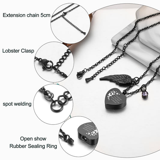Memorial Urn Necklace: Dark Romantic Tribute with Heart, Angel Wing and Crystal