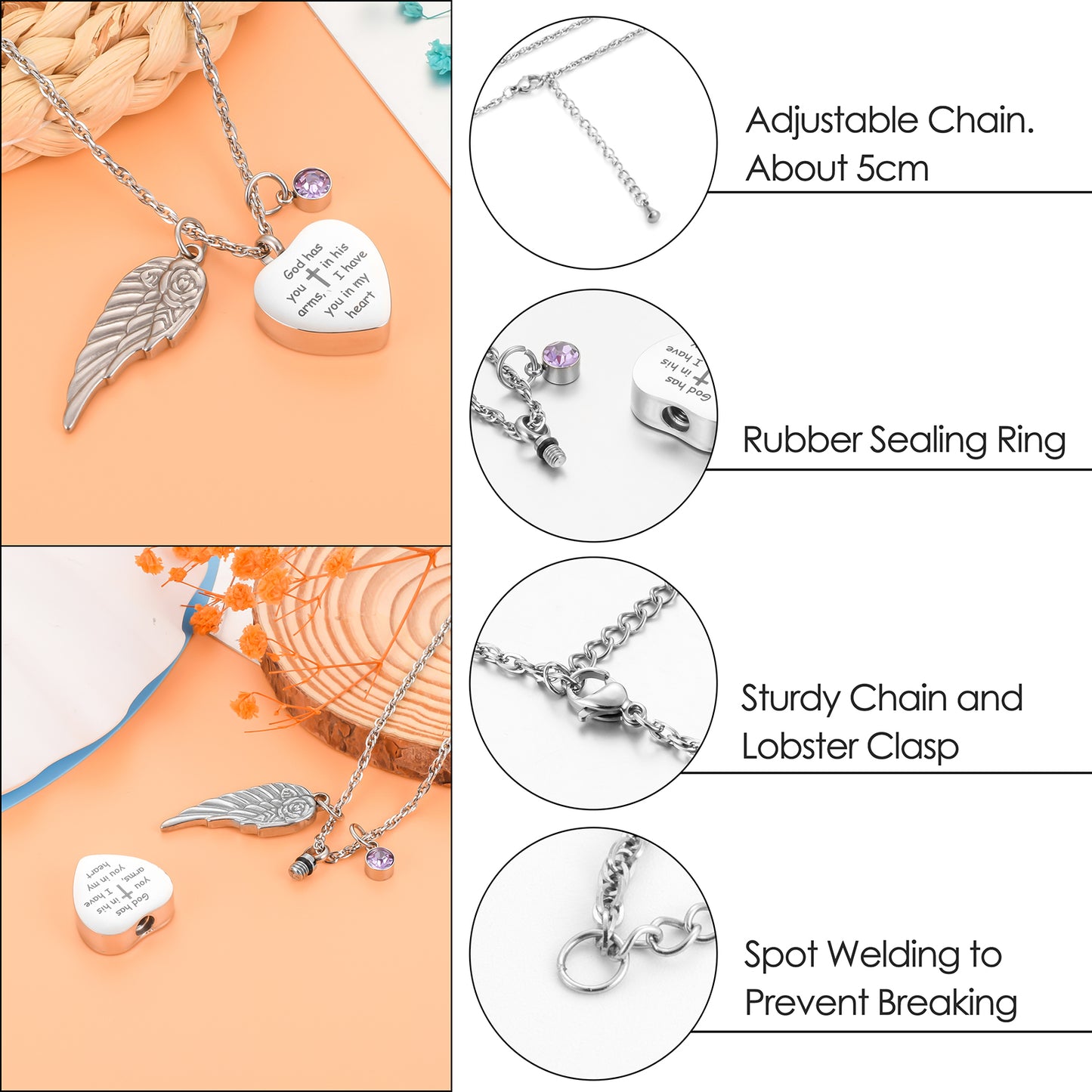 Elegant Remembrance Necklace: Wing, Crystal & Engraved Heart Design