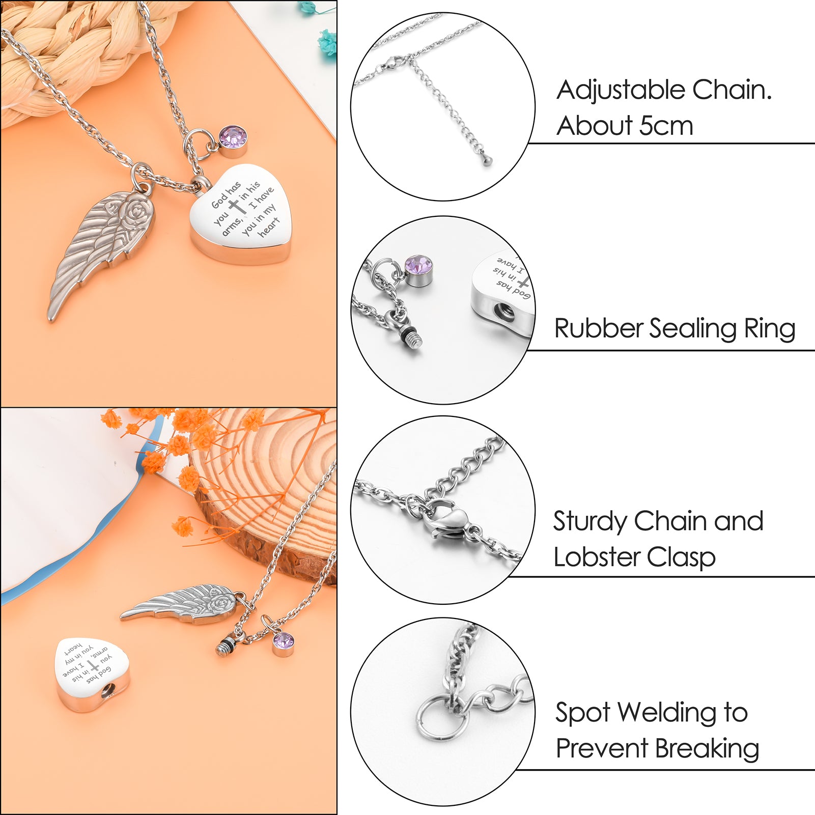 Elegant Remembrance Necklace: Wing, Crystal & Engraved Heart Design