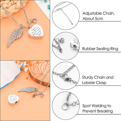 Elegant Remembrance Necklace: Wing, Crystal & Engraved Heart Design