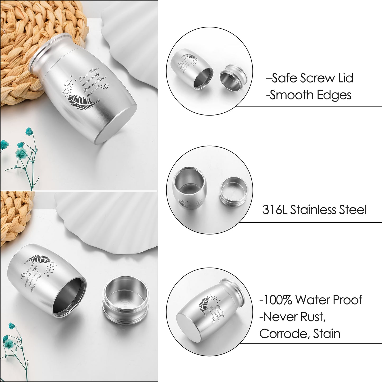 Heartfelt Memorial Urns: Engraved Feather, Birds & 'Your Wings were ready