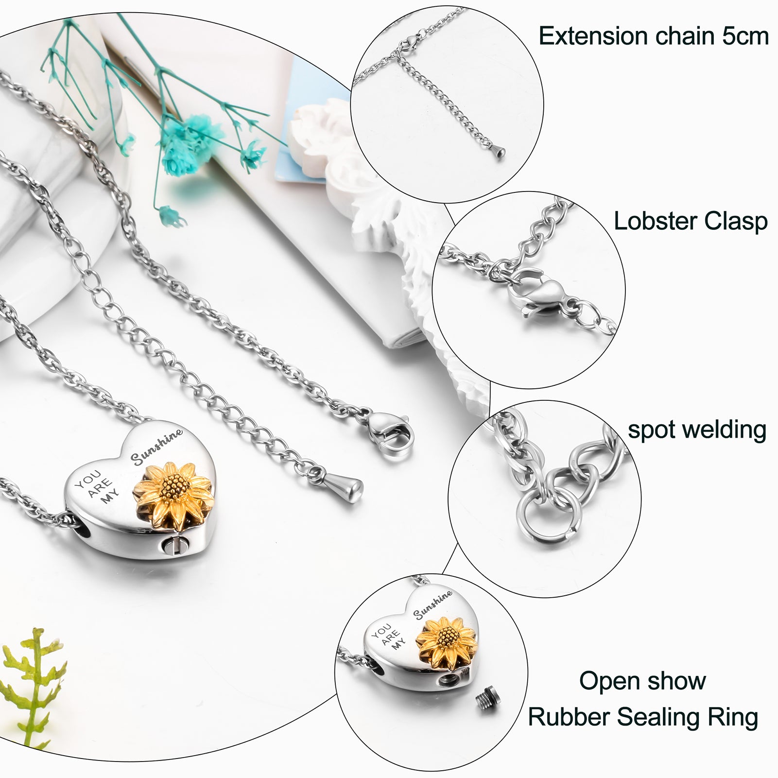 Heart Cremation Pendant Jewelry with Sunflower