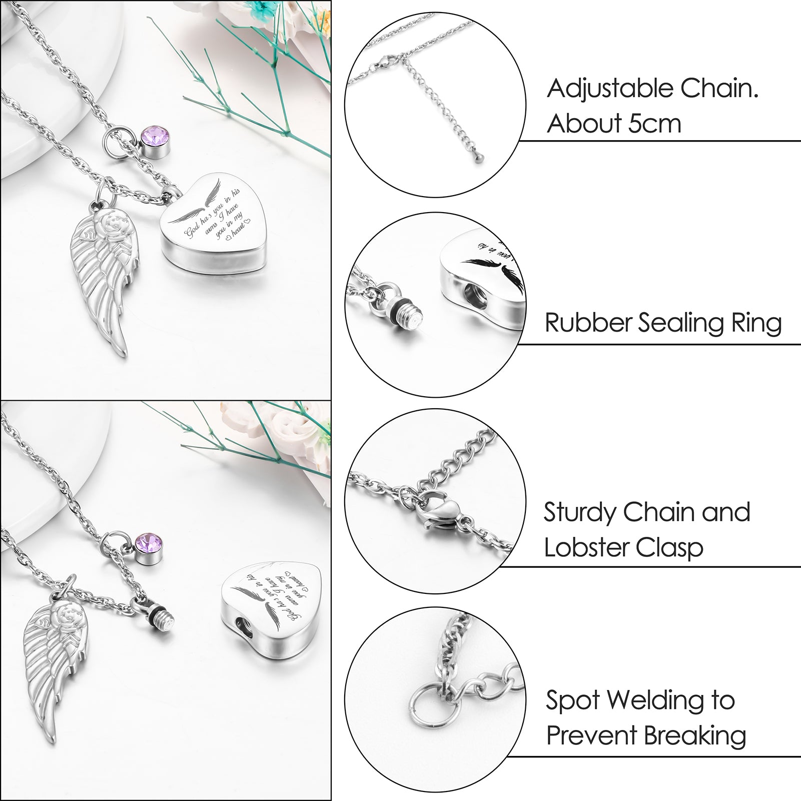 Memorial Necklace: Engraved Heart with Wing & Birthstone