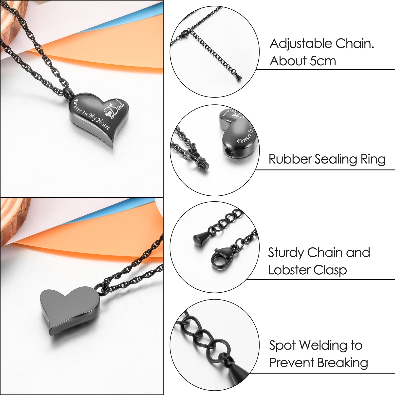 'Forever In My Heart’ Black Heart Urn Memorial Necklace for Remembering Loved Ones