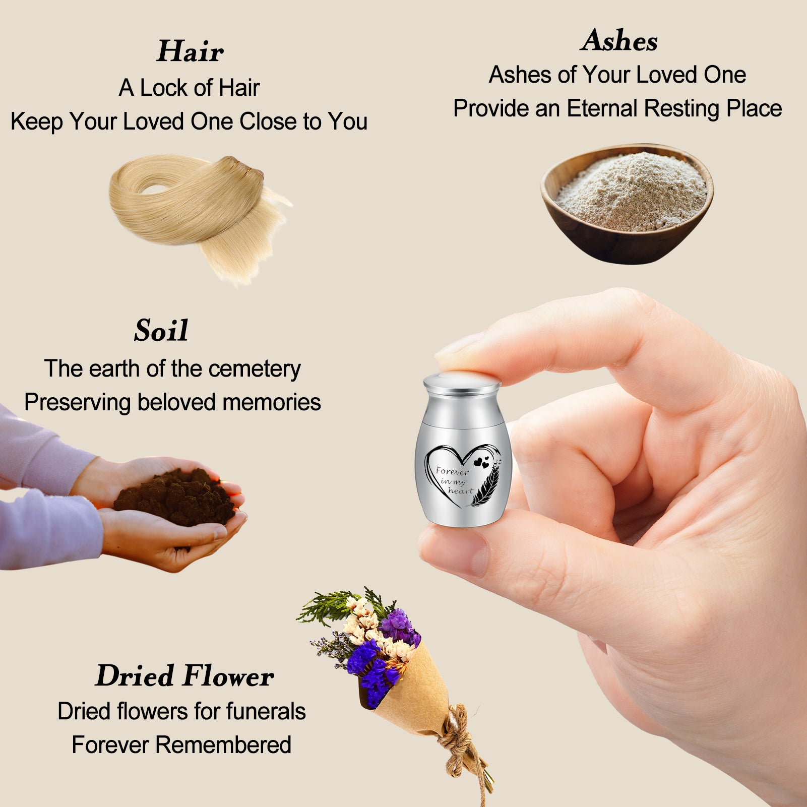 Stainless Steel 1.18in Mini Urn with Wood Heart Box for Ashes Keepsake