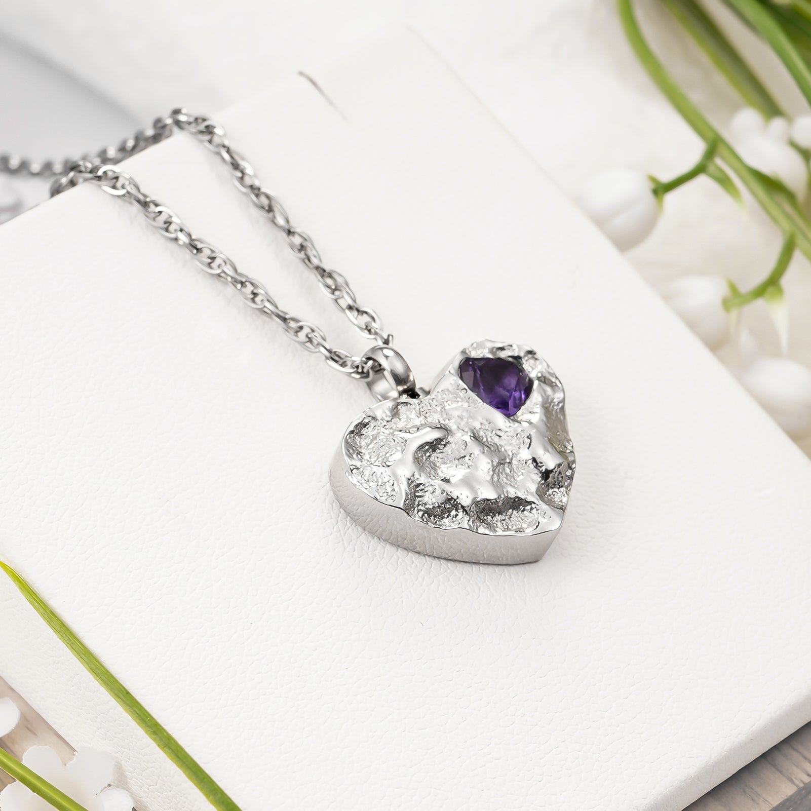 Purple Gem-Adorned Heart Memorial Necklace