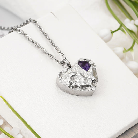 Purple Gem-Adorned Heart Memorial Necklace