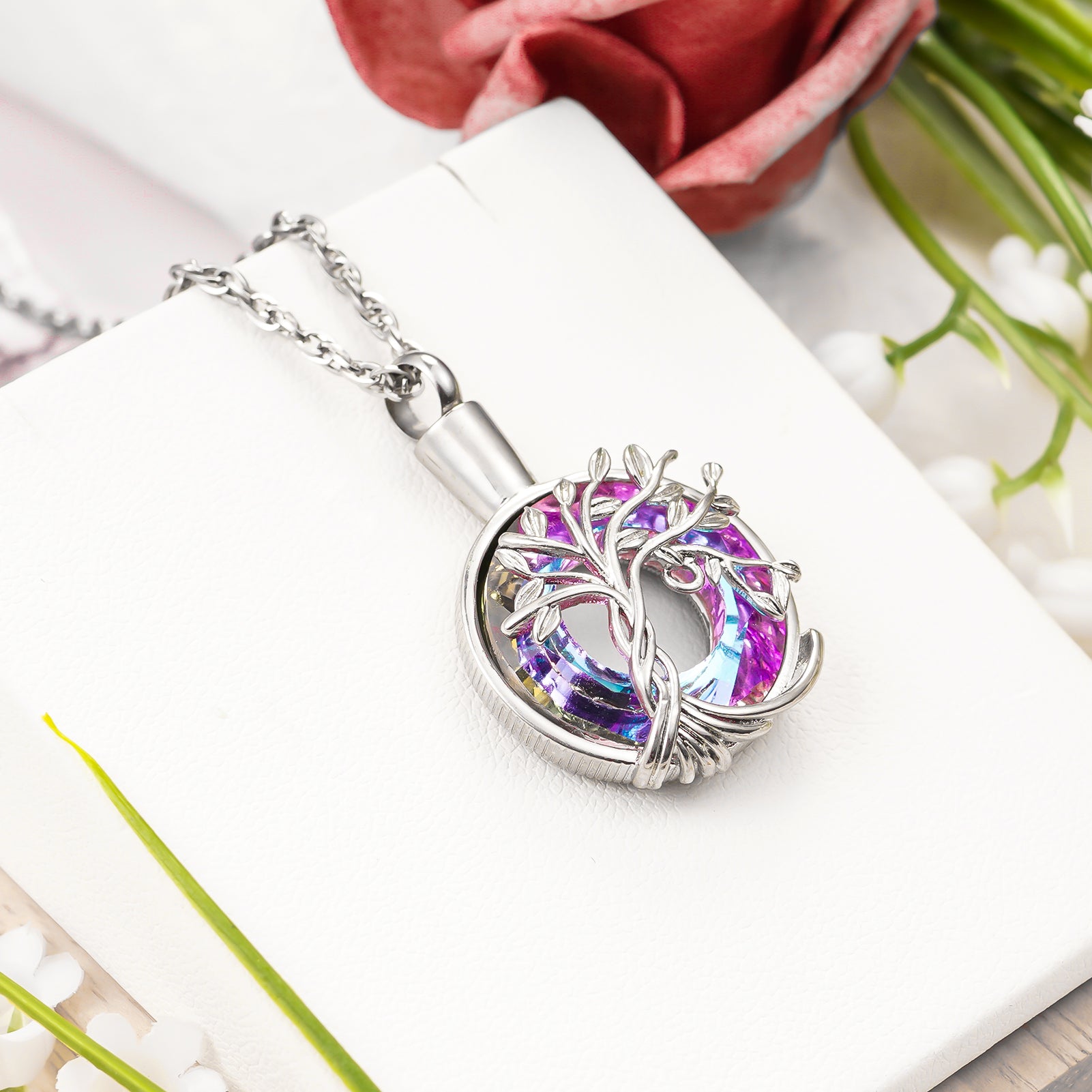 colorful stone cremation pendant, life tree ashes necklace