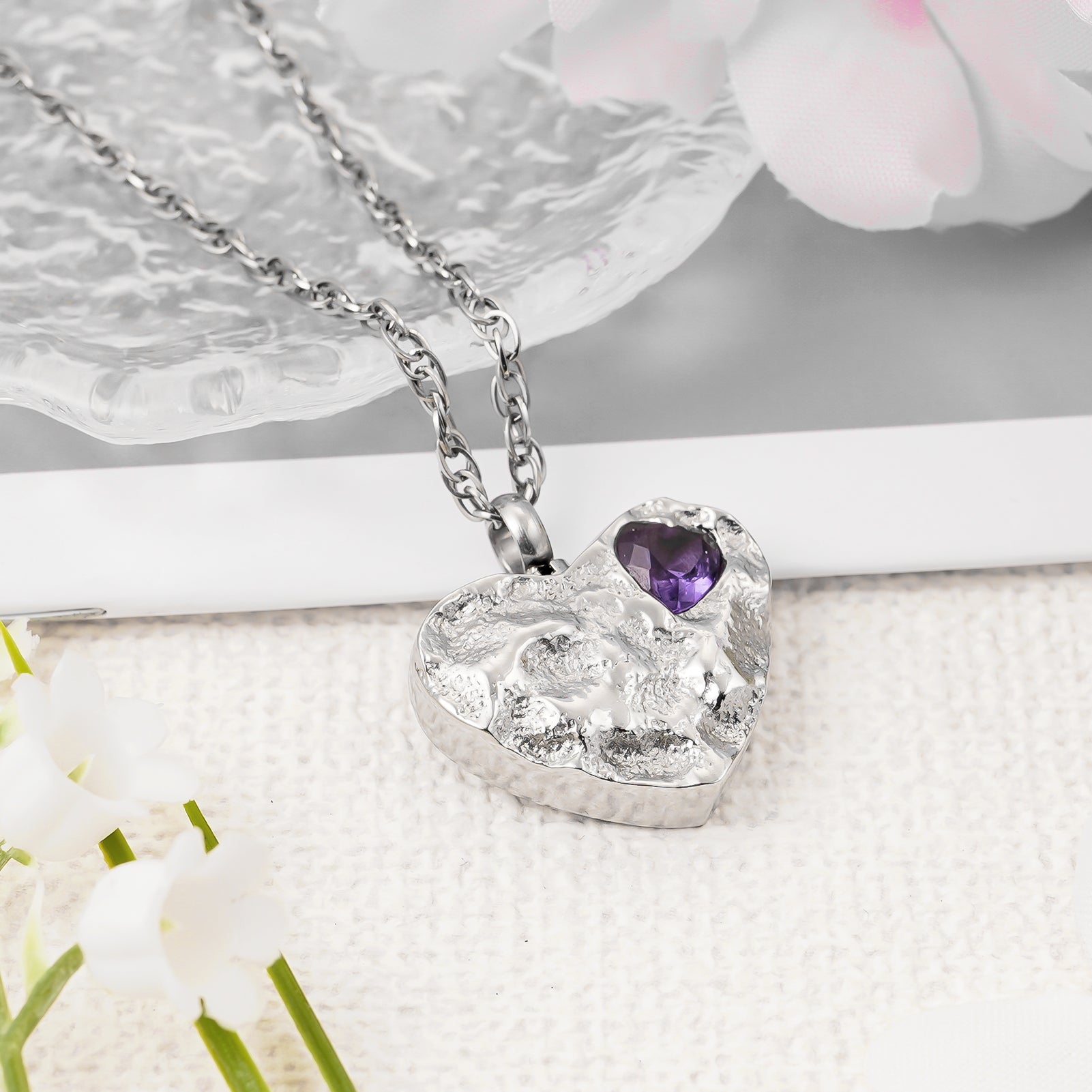 Purple Gem-Adorned Heart Memorial Necklace