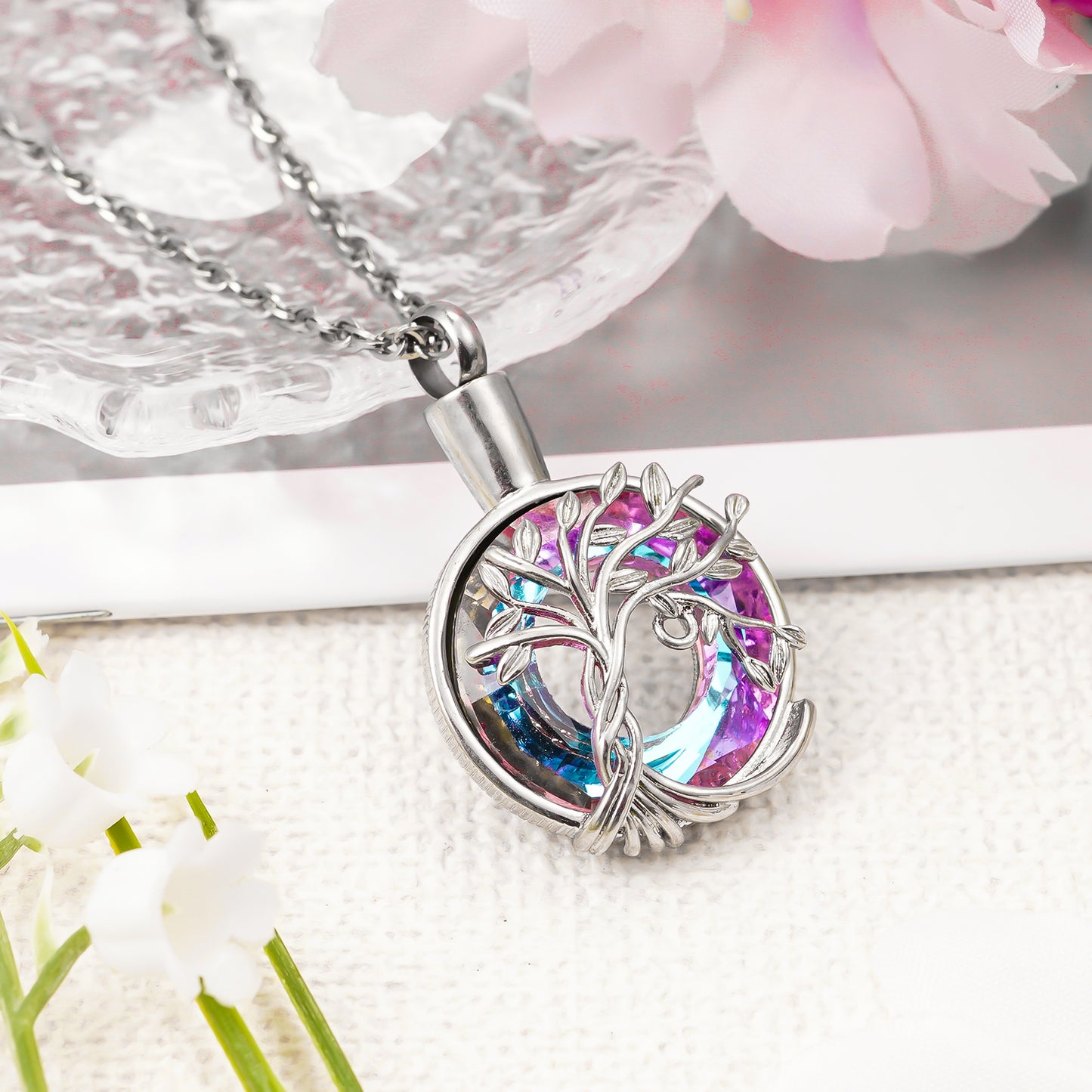 colorful stone cremation pendant, life tree ashes necklace
